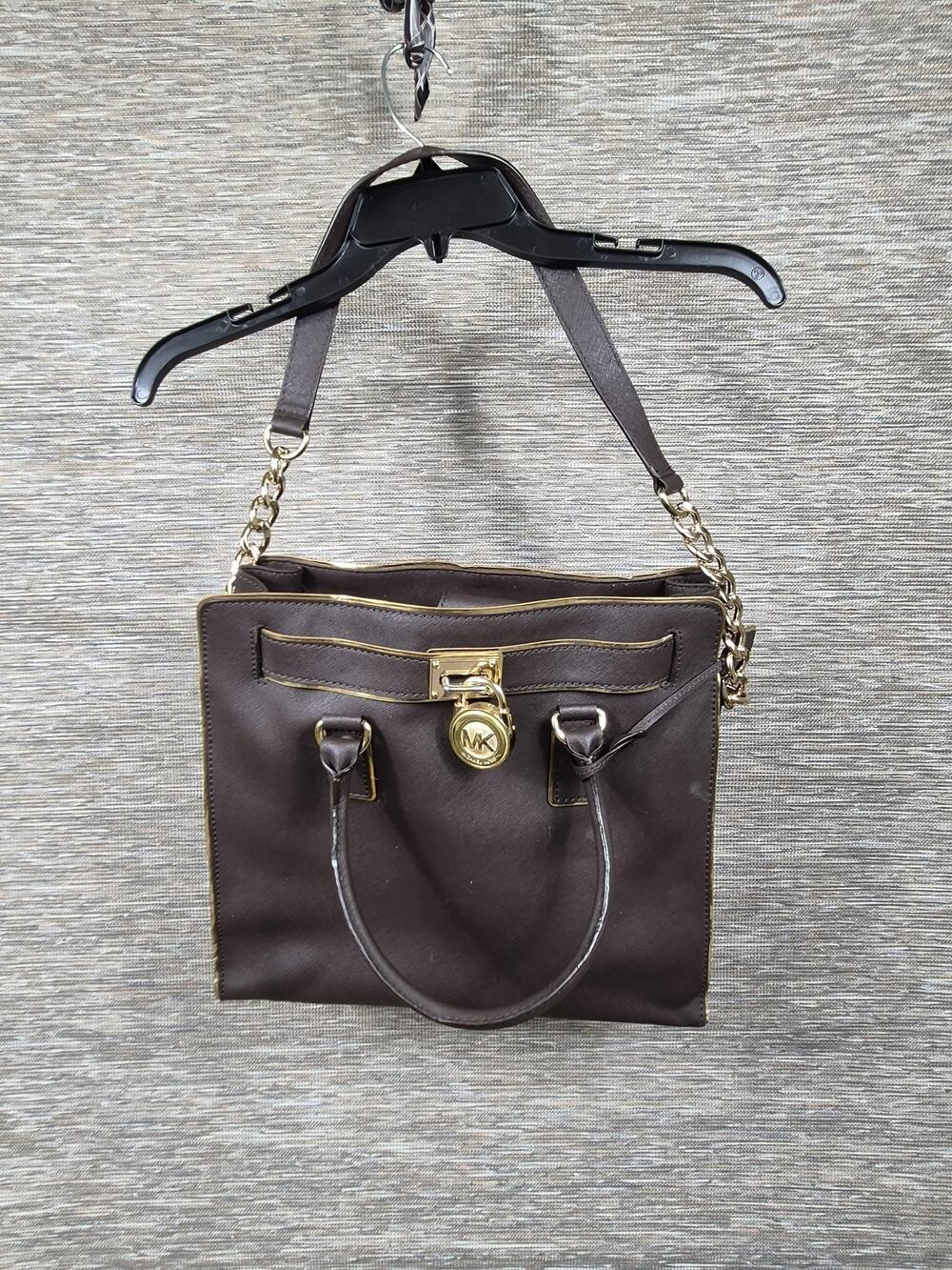 Michael Kors Hamilton Tote Bag Womens Medium Brown Leather Chain Strap Lock